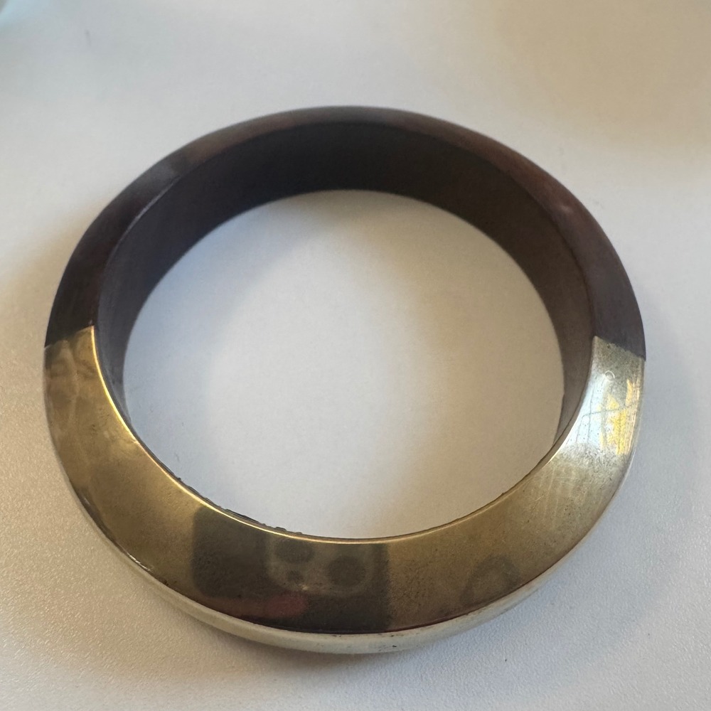 Vintage Mixed Media Wood and Brass Bangle Bracelet Made in India Boho Chunky